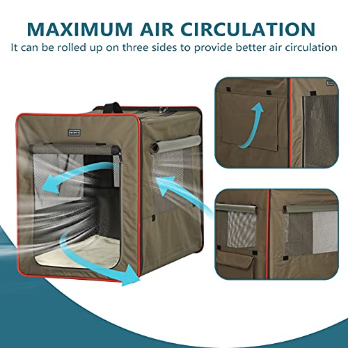 Petsfit Hundebox faltbar, mit 3 cm dicken Plüschmatte, tragbare Transportbox Hund Hundetransportbox für große Hunde, geeignet für den Innen und Außenbereich,Braun,L 79x53.5x66cm