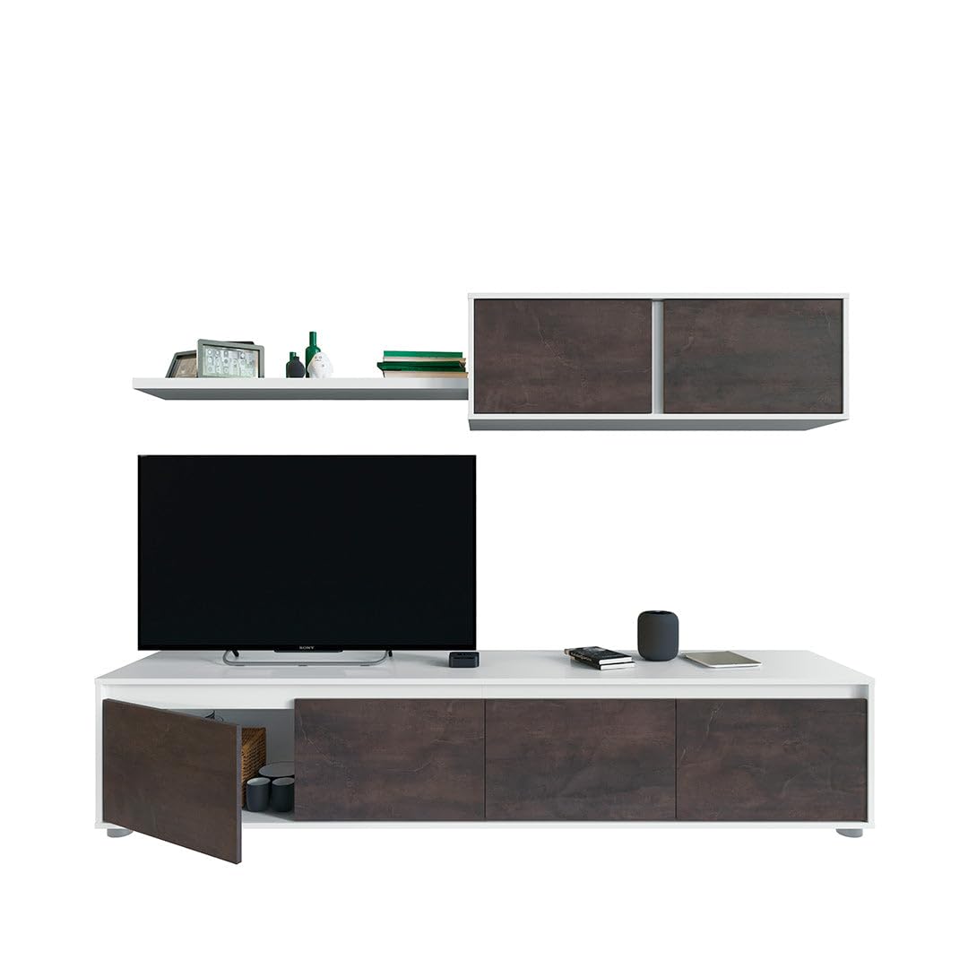 Habitdesign, Moderne Wohnwand mit TV-Schrank in Artik weiß und Rost, Wohnzimmermöbel mit Stauraum, Maße: 200 x 43 x 41 cm (B x H x T), Modell Alida