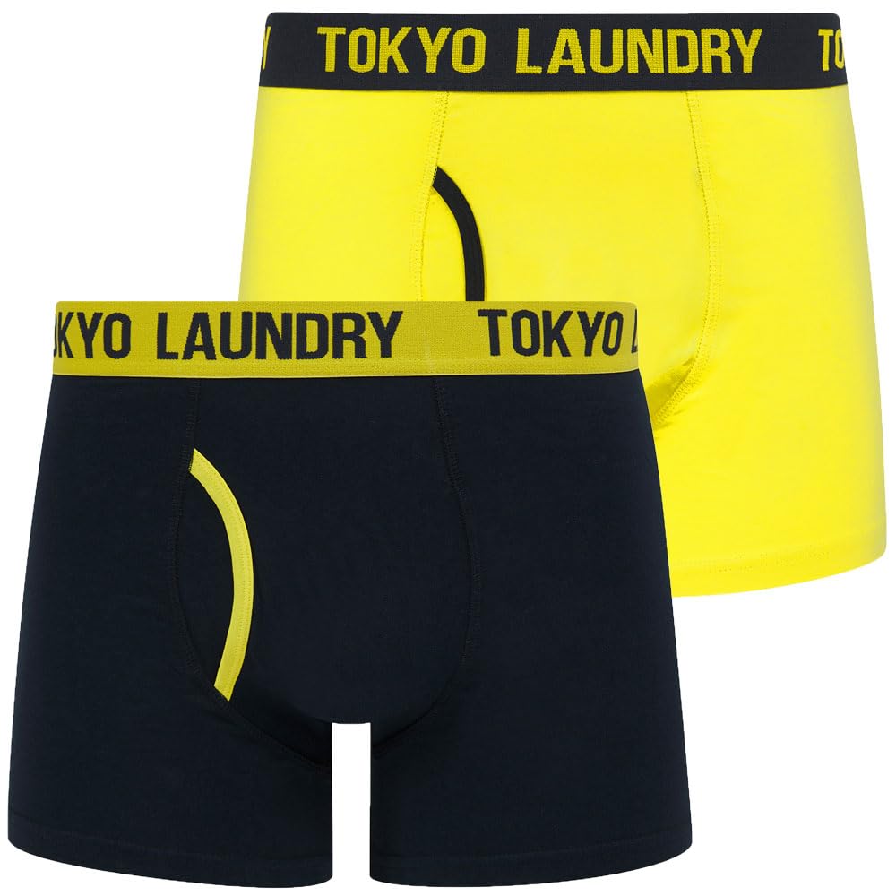 Tokyo Laundry Men's Whitehead 2 - Yellow - Navy 2 Pack Gift Box Stretch Cotton Boxer Shorts Set