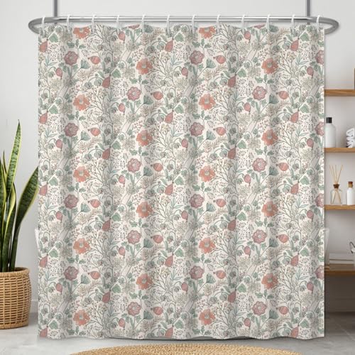 NAEMBCU Fabric Shower Curtain with Hooks Waterproof & Washable Polyester Boho Floral Shower Curtains for Bathroom Girls Pretty Rustic Farmhouse Cottage Core Flower Bathroom Curtain 71x74 Inch