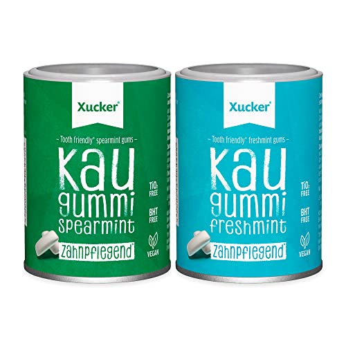 Xucker Zuckerfreie Zahnpflege Kaugummis Set - Xylit Kaugummi mit Spearmint & Freshmint Geschmack I Vegane Xylitol Kaugummis I Zahnpflege & gegen Mundgeruch I 2x 100g (Spearmint + Freshmint Dose)