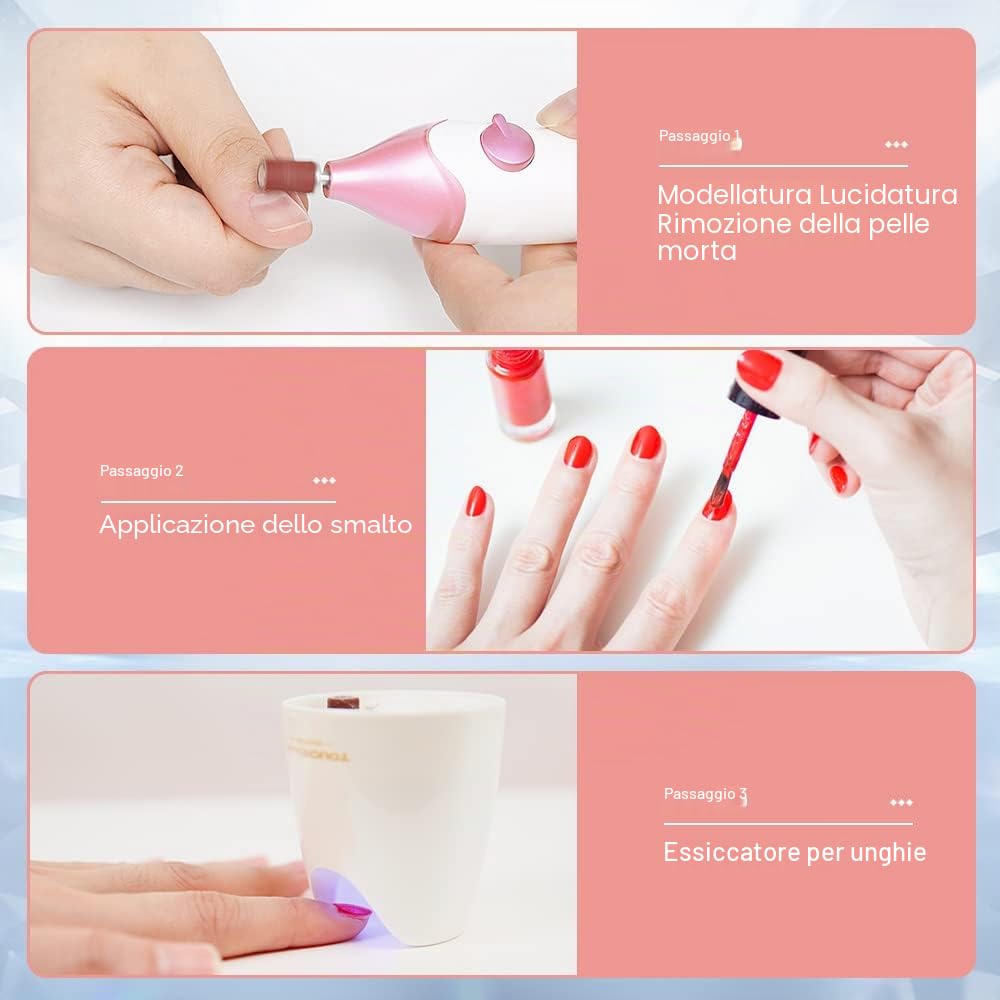 Fresa per Unghie,TOUCHBeauty Lima per Unghie Elettrica con 10 Accessori,Set Manicure e Pedicure Elettrico Kit con UV Lampade LED e Supporto, Portatile,Senza Fili AG-1335R(Rosa)