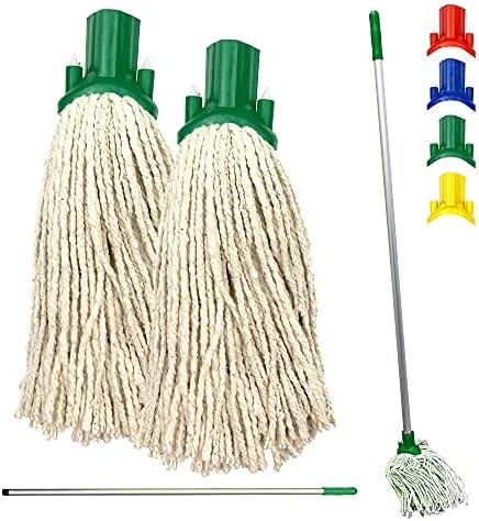 Colour Coded Floor Mop Set โ 120cm Long Stainless-Steel Mop Handle and Pack of 2 String Heads Replacement for Domestic and Commercial Cleaning (Green)