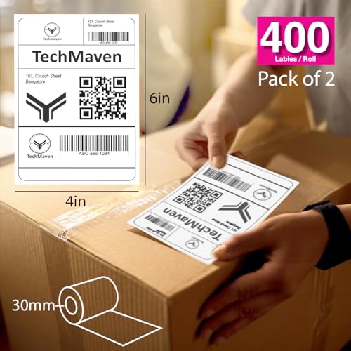 Image of 70gsm Thermal Label Printer Paper-4 inchx 6 inch(100 x 150 mm) Self Adhesive Stickers for Transfer Thermal Printing. Ideal for Shipping, Parcel, Barcode & Address Labels-400 Labels /Roll(Pack of 2)