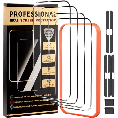 4 Pack for iPhone 14 Screen Protector [6.1] for iPhone 15 iPhone 16 HD Tempered Glass Film Optional,with Install Frame, 9H+ Hardness Shatterproof Scratch Resistant Durable