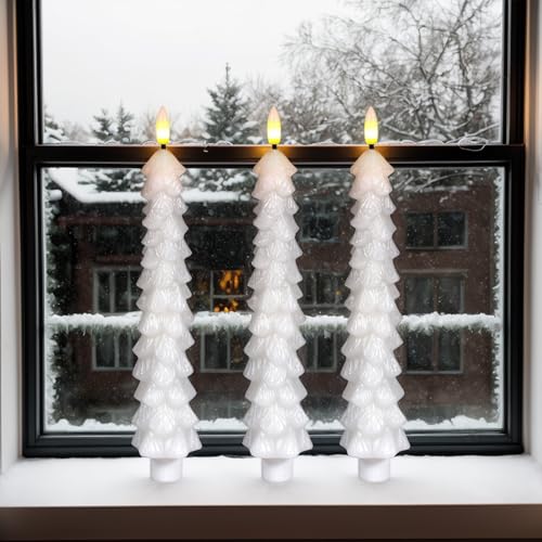 Image of Christmas Tree Candles Battery Operated with Remote, Waxy White Christmas Flameless Tree Taper Candles with Flickering Flame, Set of 3 Winter LED Candlesticks for Xmas Home Decor(0.78 inchx9.8 inch)