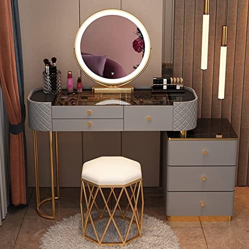 Makeup Vanity Desk, Dressing Table for Bedroom, Drawers Vanity Table Cushioned Stool Set, 3-Color Touch Screen Dimmable Mirror, Women Girls Dresser, for Home Bedroom Decor ( Color : Gray+black , Size
