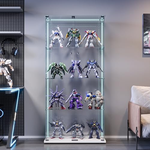 Vitrina de cristal con iluminación LED, 4 Niveles, 2 Puertas, vitrina de vidrio, 163 x 78 x 35 cm, armario de cristal para salón, dormitorio, oficina, color blanco (Blanco A/ 35 x 78,5 x 163 cm)