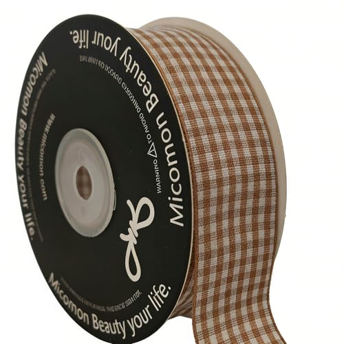 Micomon Khaki and White Woven Edge Plaid Checkered Bufflo Ribbon 100% Polyester Gingham Ribbon 25 Yards Each Roll (1"-Khaki)