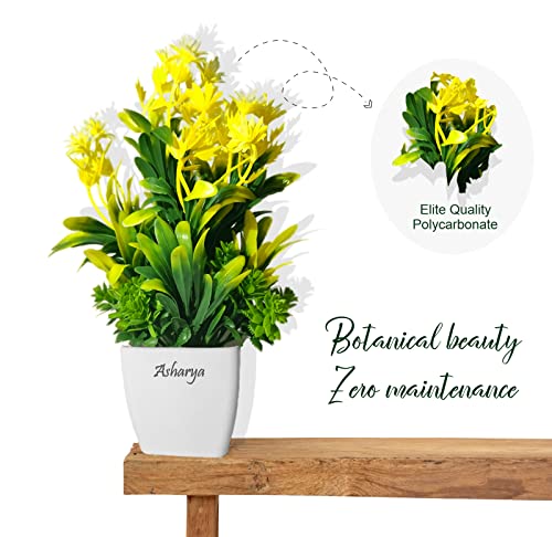 Image of Artificial Flower Plants for Home Decor - Set of 2 Mini Potted Plants in White Pots | Yellow & Green Ideal for Living Room, Office, Indoor Outdoor Decoration