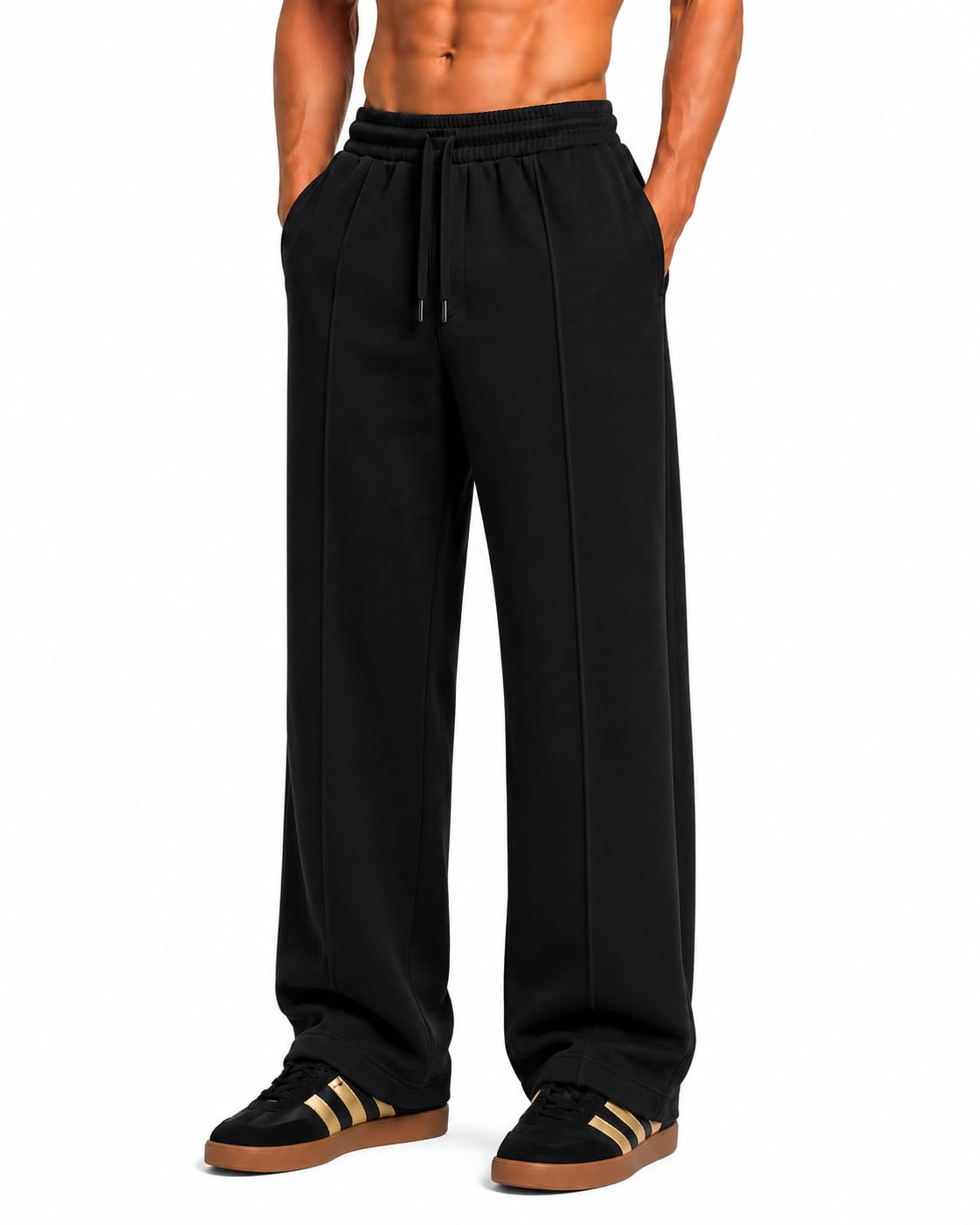 FUNKY MONKEY Men's Wide Leg | Loose Fit Track Pants with Double Side Stripes | Relaxed Fit Athletic Joggers | Drawstring Waist Casual Sports & Streetwear Trousers-picture-17