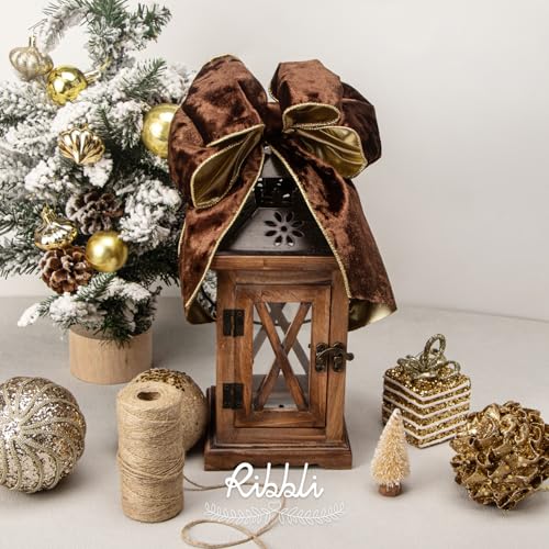 Image of Ribbli Brown Velvet Wired Ribbon 4 Inch Metallic Brown Gold Crushed Velvet Christmas Ribbon for Gift Wrapping Christmas Tree Decoration Crafts Wreaths Supplies-Continuous 10 Yards