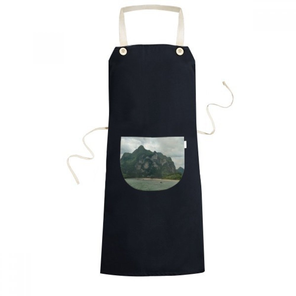 Tablier de cuisine paysage noir 70x67cm avec poche imprimée montagnes