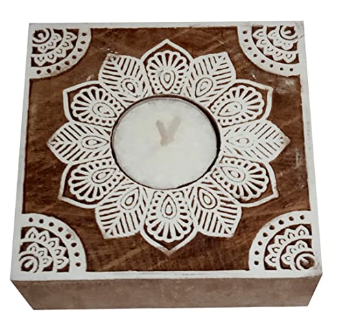 Image of Purpledip Wooden T Light Candle Holder: Unique Printing Block Rangoli Design (12509)