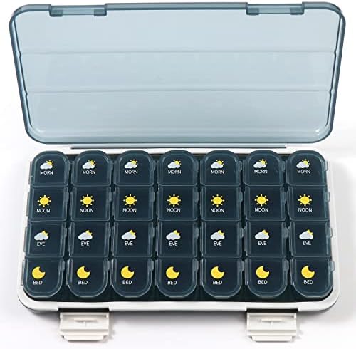 OuYteu Large Pill Organizer 4 Times a Day, 7 Days a Week, Weekly Pill Box Pill Case with Dust-Proof Case for Pills/Vitamins/Fish Oil/Supplements, 28 Small Compartments, for Pill Dispensing, Blue
