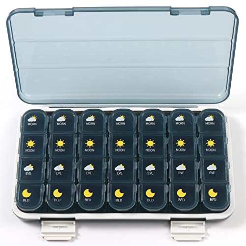 Ouyteu Large Pill Organizer 4 Times A Day, 7 Days A Week, Weekly Pill Box Pill Case With Dust-Proof Case For Pills/Vitamins/Fish Oil/Supplements, 28 Small Compartments, For Pill Dispensing, Blue #TOP2