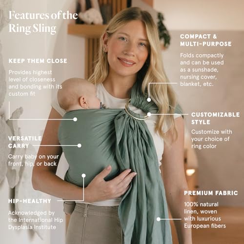 Image of WildBird - Ring Sling Baby Carrier - 0-36 Months (up to 35 lbs) - Long (90 inch) Acadian & Black Ring - Front, Hip or Back Carry - Adjustable Fit - Natural Linen - Baby Essentials - New Mom Gifts