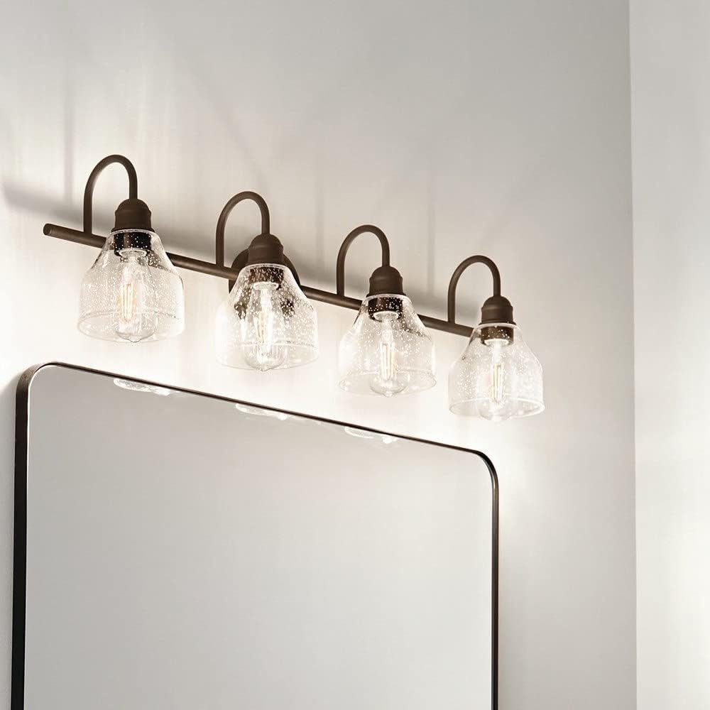 Kichler Avery 33.5" Bathroom Vanity Industrial 4 Light Wall Fixture with Clear Seeded Glass in Black, for Bathroom (8.25" x 33.5" x 9.5") 45974BK