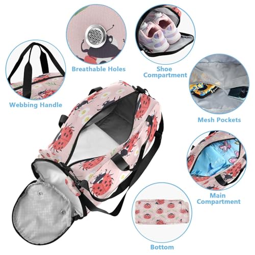 YETTASBIN Sport Travel Duffel Bag for Girls Boys, Ladybugs Large Waterproof Weekender Overnight Bag, Detachable Shoulder Strap Gym Bag with Shoe Compartment & Wet Pocket4
