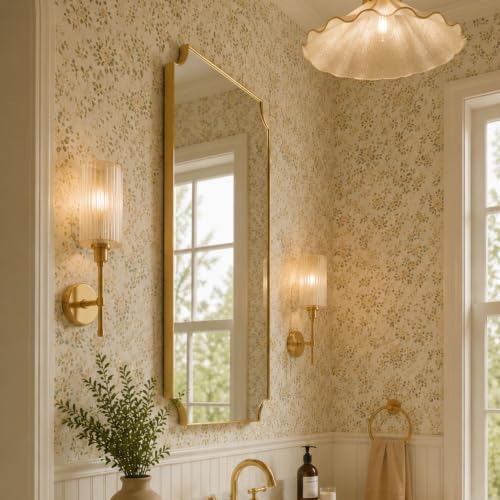 Image of TEHOME Gold Bathroom Mirrors, Brushed Brass Rectangle Scalloped Vanity Mirror for Bathroom,20x30''