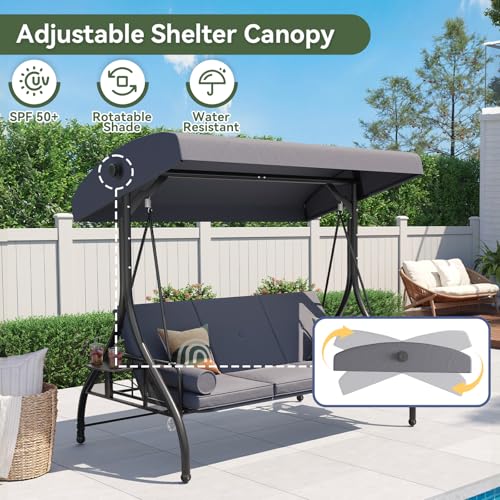 Image of Aoxun Outdoor Porch Swing with Stand and Canopy, 3 Seats Outdoor Swings for Adults, Convertible 2 in 1 Swing Bed with Cup Holder, Patio Swings with Thicken Cushions for Garden, Yard & Balcony, Grey