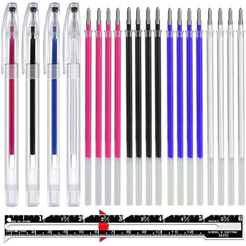 Sunioine 4 Colors Heat Erasable Pens for Fabric with 20 Refills, Heat Erasable Fabric Marking Pens for Sewing Quilting Crafts DIY Dressmaking Tailors Chalk Fabric Markers Cover