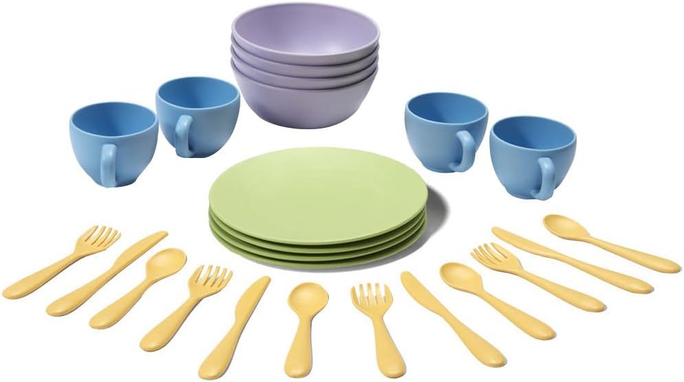 Green Toys Dish Set - 24 Piece Dishwasher Safe Creative Play Toys for Developing Social Skills in Children. Kitchen Toys