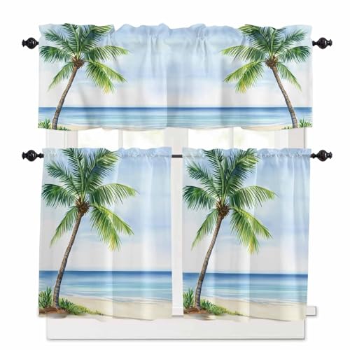 Green Palm Trees Kitchen Curtains 24 Inch Length, 3 Piece Rod Pocket Small Half Tiers and Valance Set, Coastal Summer Blue Sky Natural Small Large Window Treatment Decor for Bedroom/Bathroom Sink