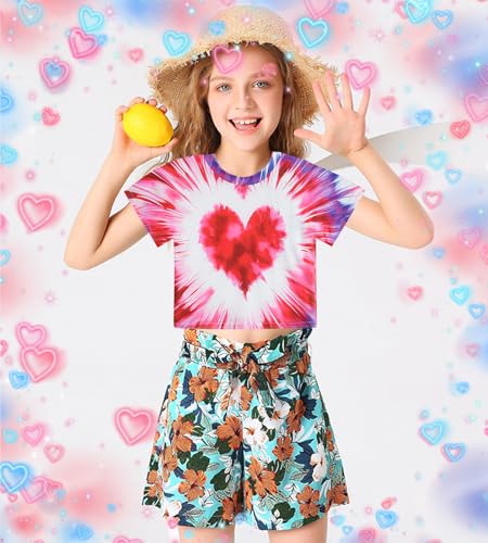 Image of Tkria Girl Crop Tops Valentine Short Sleeve Tshirt Tie Dye Heart Teen Girls Shirt Clothes 6-14 Years