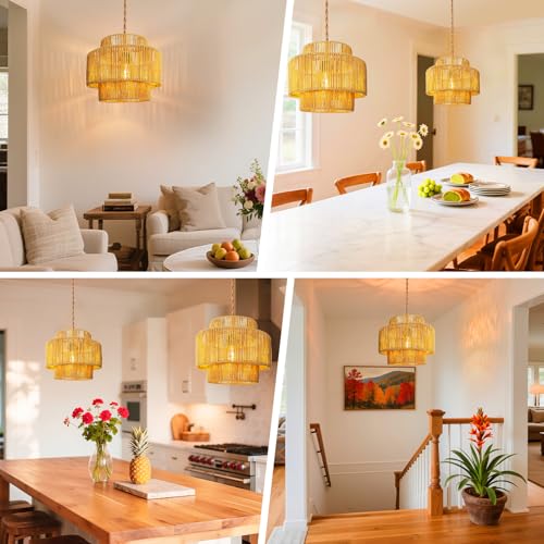 Image of Hanging Light Lamp Shades Boho Rattan Lamp Shades, Woven LampShades for Floor Lamps Rattan Pendant Lights Boho Lamp Ceiling Light, Plug in Pendant Light Fixtures Hanging Lamp 1.54lb