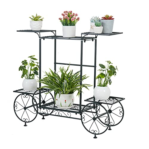 unho Porte Plante Fer Forgé, Étagère Plante Avec 6 Tablettes, Support Pot de Fleurs en Forme de Chariot, Parfait Pour Maison Jardin Patio Terrasse ou Balcon...