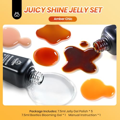 Image of Beetles Gel Nail Polish Set - Amber Chic Jelly Gel Polish with Blooming Gel for Marble Effects, 6 Colors Yellow Red Brown Gray Translucent Soak Off UV LED Nail Art