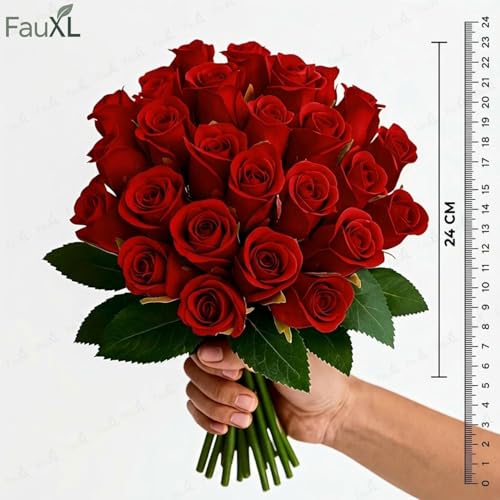 Image of Set of 24 Artificial Rose Flowers Bunches for Vase - Home Decoration Gift Items for Living Room Corner Table Top Bedroom Wedding (Pot Not Included) - 24 CM (Red)