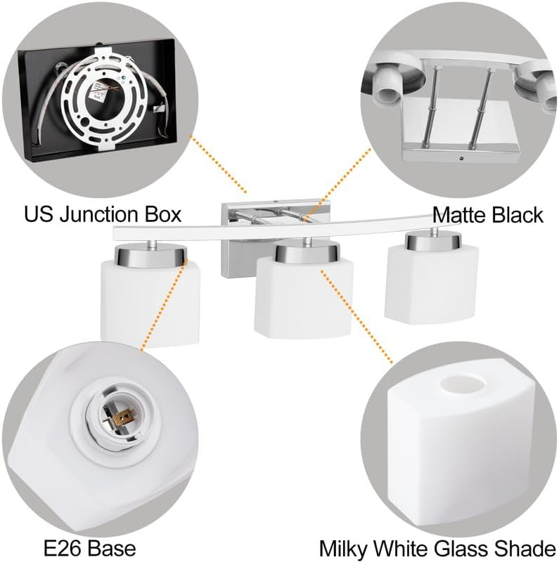 Miniatura 2 de Lámpara de baño de 3 luces sobre el espejo, moderna lámpara de tocador cromada con pantalla de vidrio lechoso, luz de baño de 23 pulgadas para