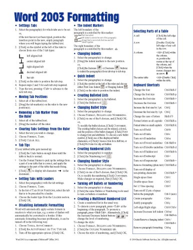 Microsoft Word 2003 Formatting (Intermediate) Quick Reference Guide (Cheat Sheet of Instructions, Tips & Shortcuts - Laminated Card)