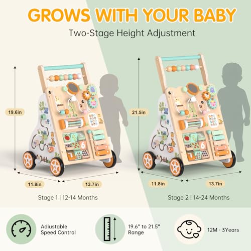 Wooden Baby Walker with Wheels, Push Walker with Baby Activity Center, Montessori Walking Toy for Girls Boys, Adjustable Speed & Height Activity Toy for Toddler Learning to Walk 12+ Months (Natural) - Image 3