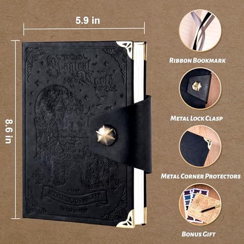 CAGIE Gothic Castle Leather Journal with Pen, Magic Theme Textured Lined Notebook, 100GSM Hardcover Writing Diary Gift Set for Men Women Teens, Black — view 3