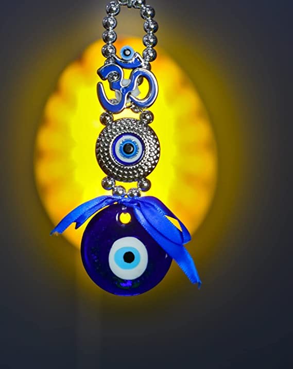 Indianstore4Everyone Blue Evil Eye OM Design with Blue Pendant Decoration | Lucky OM Hanging Ornament Amulet for Car, Home and Office for Protection and Blessing | Nazar Battu (Blue, 1 OM)