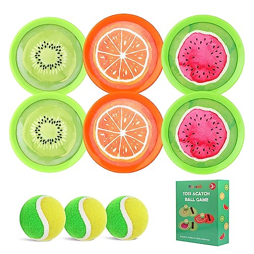 PULEEBO Toss and Catch Ball Game Set - Fruit Design Catch Game for Kids Adults Beach Yard Lawn Outdoor Indoor 6 Sticky Paddles 3 Balls and 1 Storage Bag
