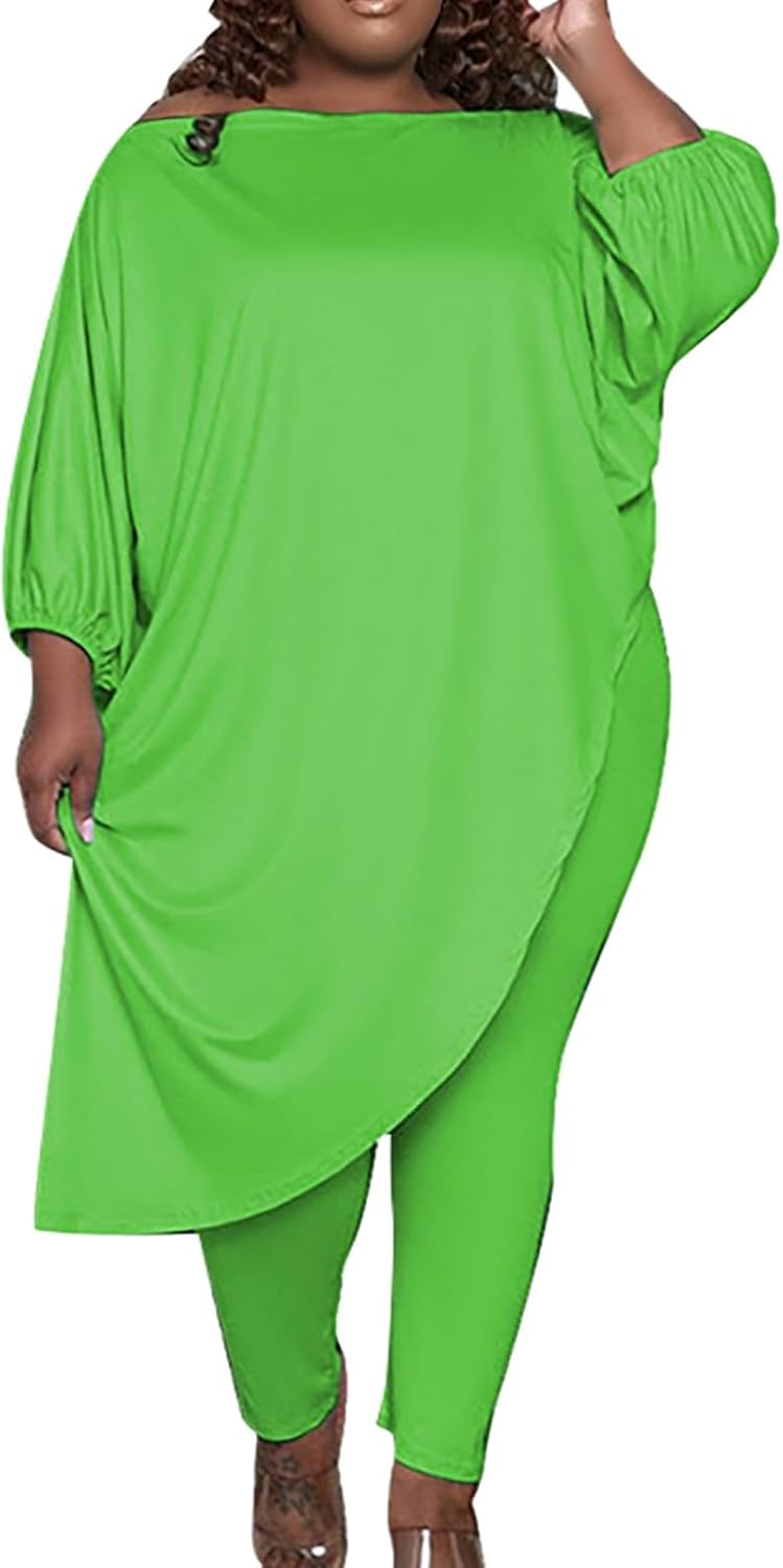 ZYXTIM Oversized 2 Piece Outfits for Women Off The Shoulder Long Sleeve Shirts High Waist Pants Plus Size Tight Trousers Set