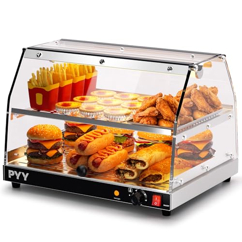 PYY Commercial Food Warmer Display, Electric Countertop Food Warmer with LED Lighting Adjustable Glass Door, 2-Tier Pastry Display Case for Buffet Restaurant Silver