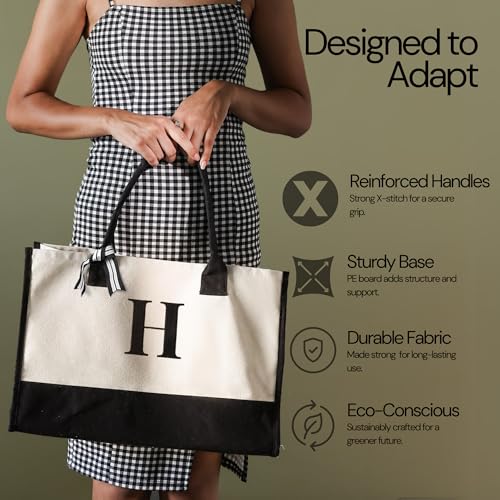Image of Salt Earth Canvas Tote Bag for Women, Personalized Initial Monogram Tote, Beach Grocery Utility Tote for Travel & Work
