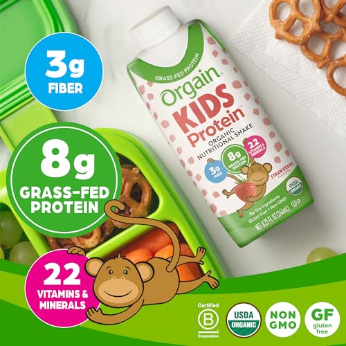 Orgain Organic Kids Nutritional Protein Shake, Strawberry - Kids Snacks with 8g Dairy Protein, 22 Vitamins & Minerals, Fruits & Vegetables, Gluten Free, Soy Free, Non GMO, 8.25 Fl Oz (Pack of 12) 5 Orgain Organic Kids Nutritional Protein Shake, Strawberry - Kids Snacks with 8g Dairy Protein, 22 Vitamins & Minerals, Fruits & Vegetables, Gluten Free, Soy Free, Non GMO, 8.25 Fl Oz (Pack of 12)