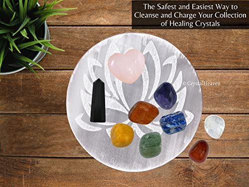 Image of Certified Selenite Crystal Charging Plate, 4 Inches Engraved Lotus Flower of Life Selenite Plate for Crystal Cleansing Re-Energy Work, Meditation and Pooja