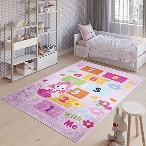 TAPISO Emma Alfombra Antideslizante de Habitación Infantil Juvenil Dormitorio de Niño Bebé Diseño Moderno Numeros Letras Rosa Naranja Patrón Impreso Sin Pelo Suave 80 x 150 cm