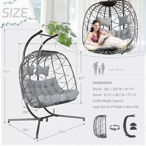 BLUEXYARD Outdoor Double Egg Swing Chair with Stand, 700 Lbs Extra Large 2 Seater Wicker Hammock Loveseat with Cushion, Oversized Hanging Patio Chair for Bedroom Porch Living Room Backyard, Light Grey - Thumbnail 5