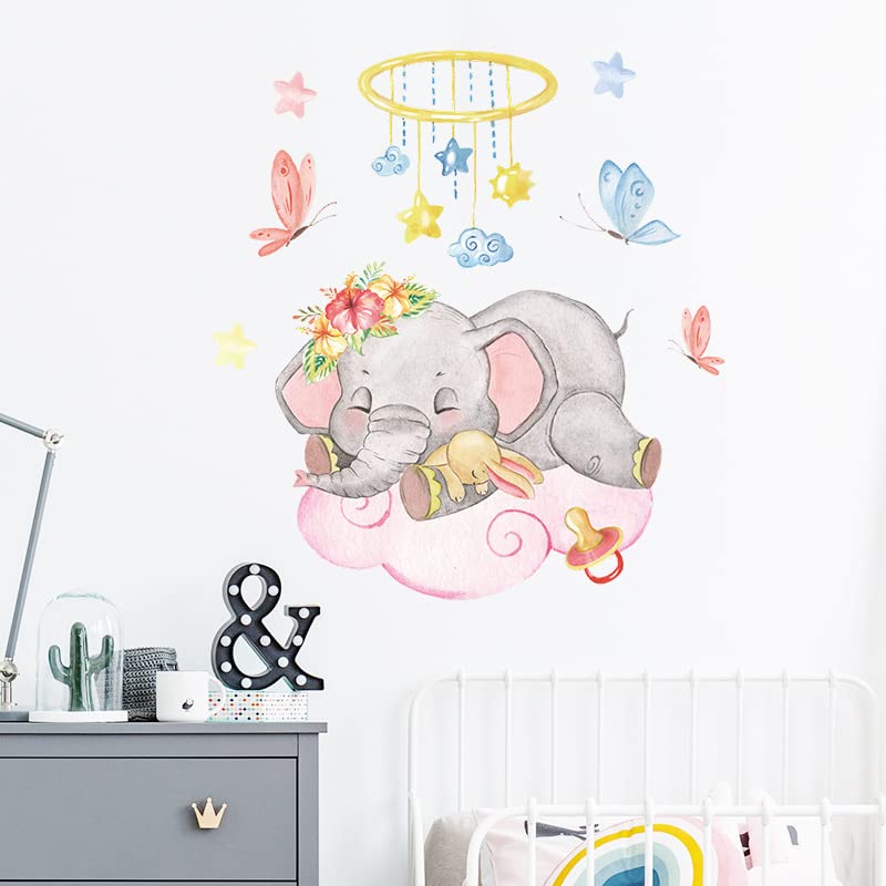 Image of Baby Elephant Wall Stickers for Nursery - Sleeping Elephant Cloud Bunny Butterfly Wall Decals Waterproof Removable - Large Baby Room Decoration Kids Bedroom Playroom Decor Baby Shower Gift Boy Girl