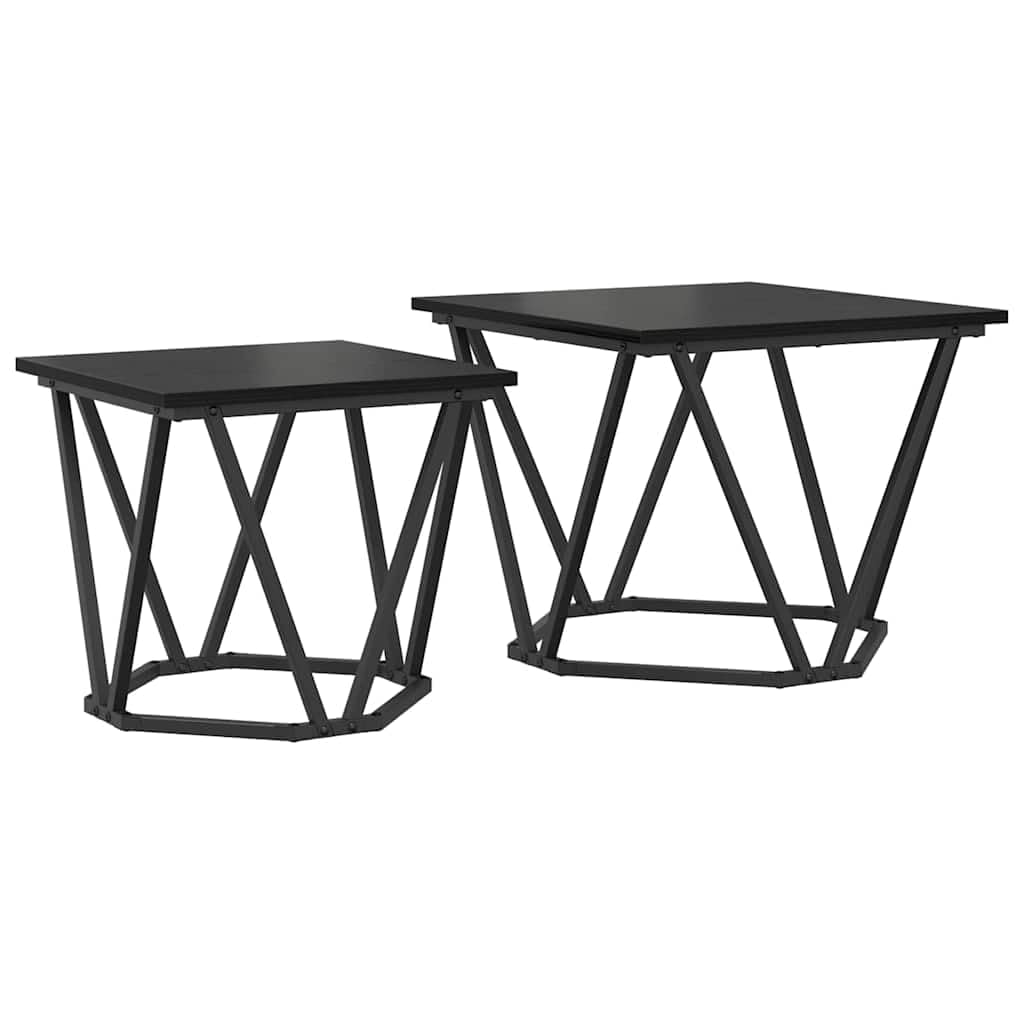Juego de 2 mesas auxiliares hexagonales negras con marco de metal y tablero de madera para salón, diseño moderno