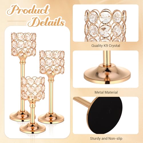 Mumufy 6 Pieces Crystal Candle Holders Set 3 Sizes Tall Crystal Wedding Candlestick Holders Pillar Candelabra Stand for Table Centerpieces for Christmas Party Wedding Dining Decoration (Gold) - Image 5