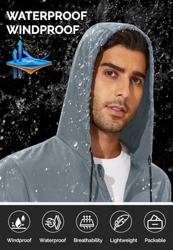 Zando Packable Mens Rain Jacket Lightweight Raincoat Waterproof with Hood Outdoor Windbreaker Jacket Travel Rain Jackets2